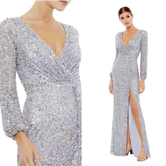 NWT MAC DUGGAL Multi-Colored Sequin Long Sleeve High Slit Gown Women’s - Picture 1 of 11